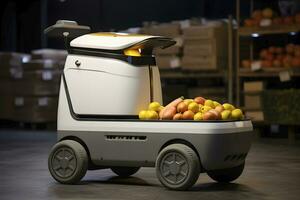 ai gegenereerd levering robot draagt groenten van de supermarkt. ai gegenereerd foto