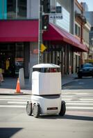 ai gegenereerd levering robot is het rijden naar beneden stad straat. autonoom laatste mijl levering concept. ai gegenereerd foto