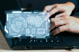 Mens gebruik wolk berekenen systeem diagram tonen Aan hand.gegevens opslag.digitaal technologie netwerk onderhoud bedrijf in draadloze opslagruimte concept. implementeren opslagruimte technologie ondersteuning in bedrijf. foto