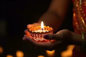 ai gegenereerd een vrouw Holding een lit diya kaars in haar hand- foto