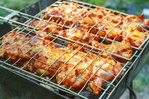 pittig gemarineerd kip Vleugels en poten Aan rooster en Aan een zomer barbecue. foto