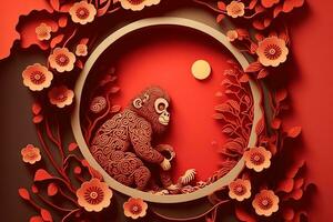 ai gegenereerd papier kunst van een aap zittend in een cirkel omringd door bloemen foto