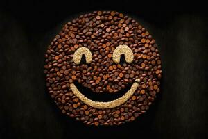 ai gegenereerd koffie bonen zijn geregeld in een smiley gezicht vorm foto