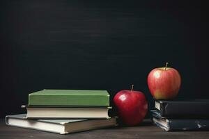 ai gegenereerd boeken en appels Aan een schoolbord achtergrond foto