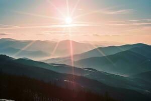 ai gegenereerd een adembenemend zonsopkomst verlicht een rustig, nevelig berg bereik, gieten een etherisch gloed Aan de golvend heuvels en valleien hieronder foto