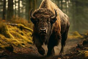 ai gegenereerd een krachtig bizon staat temidden van een sereen, nevelig Woud, presentatie van van de natuur rauw schoonheid en ongetemd wildernis foto