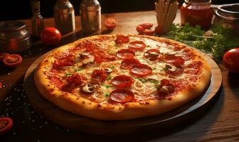 ai gegenereerd pizza zittend Aan een houten bord met kruiden foto