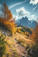 ai gegenereerd een toneel- herfst landschap met een kronkelend pad, gouden gebladerte, majestueus rotsachtig bergen en een Doorzichtig blauw lucht met pluizig wolken foto