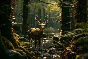 ai gegenereerd een verbijsterend hert temidden van een rustig Woud, zon stralen doordringend door de bomen verhelderend de kalmte wateren en levendig groen gebladerte. foto