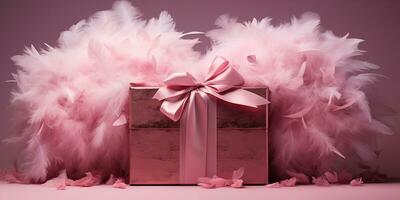 ai gegenereerd roze geschenk doos omringd door veren Aan een roze achtergrond. Valentijnsdag dag viering. gegenereerd door kunstmatig intelligentie. foto