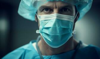 ai gegenereerd mannetje dokter chirurg beoefenaar vervelend een medisch masker in ziekenhuis, hoofdschot portret. generatief ai foto