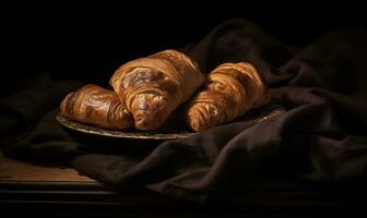 ai gegenereerd chocola croissants zijn zittend Aan een tafel Aan een donker achtergrond foto