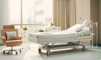 modern luxe ziekenhuis kamer interieur met leeg bed, fauteuil en ingemaakt fabriek foto