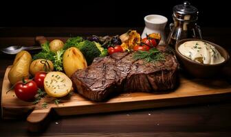 ai gegenereerd een groot steak met groenten en boter Aan een houten bord foto