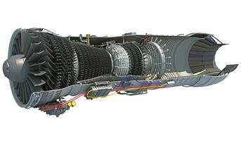 cutaway turbofan vliegtuig motor gesegmenteerd 3d renderen foto