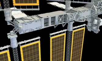 Internationale ruimte station iss 3d renderen Aan zwart achtergrond foto