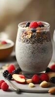 ai gegenereerd chia zaad pudding, mengen chia zaden met melk of een zuivel vrij alternatief, laat het zitten 's nachts, en top met fruit, noten, of versnipperd kokosnoot in de ochtend, achtergrond beeld foto