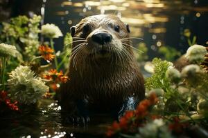 ai gegenereerd een nat Otter omringd door een rangschikking van kleurrijk bloemen en verlichte door zacht glanzend licht. de Otter vacht is nat en glinsterend foto