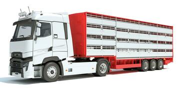 vrachtauto met dier vervoerder aanhangwagen 3d renderen Aan wit achtergrond foto