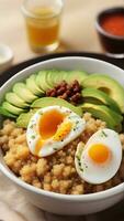 ai gegenereerd quinoa schaal, koken quinoa en top het met gesneden avocado, gepocheerd of gebakken eieren, en een motregen van heet saus voor een eiwitrijk ontbijt, achtergrond beeld foto