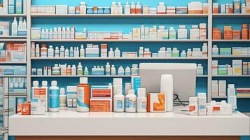 ai gegenereerd apotheek apotheek kleinhandel. gezondheidszorg producten, geneesmiddel, drugs, vitamines, welzijn foto