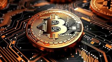 ai gegenereerd gouden bitcoin achtergrond. cryptogeld handel, financieel investering concept, digitaal geld blockchain technologie foto