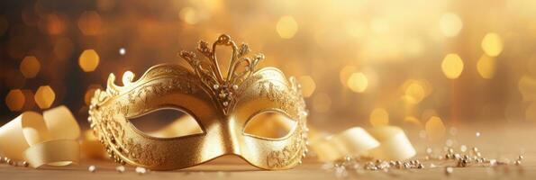 ai gegenereerd gouden carnaval masker Aan mooi bokeh achtergrond. mardi gras partij, carnaval festival viering, Venetiaanse masker, maskerade vermomming foto