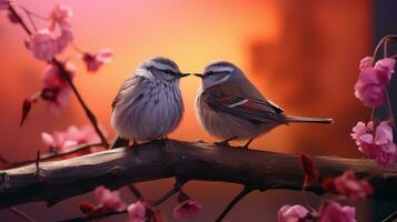 ai gegenereerd paar van vogel Aan romantisch valentijnsdag achtergrond. Valentijnsdag dag groet kaart, in liefde foto