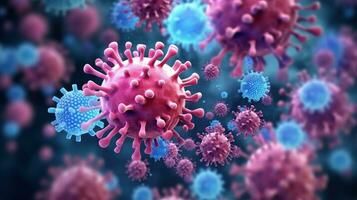 ai gegenereerd virussen cellen achtergrond. virale ziekte epidemie, microscopisch ademhalings influenza virus cellen. coronavirus griep infectie foto