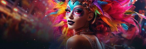 ai gegenereerd vrouw vieren carnaval feest. vrouw met carnaval masker in kostuum, carnaval festival foto