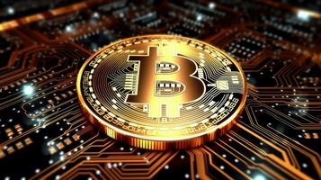 ai gegenereerd gouden bitcoin achtergrond. cryptogeld handel, financieel investering concept, digitaal geld blockchain technologie foto