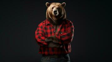 ai gegenereerd studio schot van beer vervelend een rood houthakker overhemd Aan donker achtergrond foto