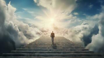 ai gegenereerd zakenman staand Aan top van trap bewolkt lucht achtergrond. bedrijf doel en succes concept, prestatie, leiderschap foto