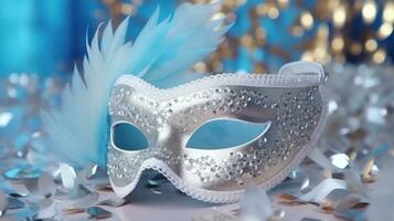 ai gegenereerd zilver carnaval masker Aan mooi bokeh achtergrond. mardi gras partij, carnaval festival viering, Venetiaanse masker, maskerade vermomming foto