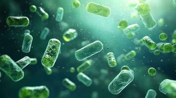 ai gegenereerd dichtbij omhoog van microscopisch bacterie illustratie. wetenschappelijk, darm bacteriën, bacterie in spijsvertering systeem foto