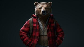 ai gegenereerd studio schot van beer vervelend een rood houthakker overhemd Aan donker achtergrond foto