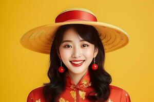 ai gegenereerd gelukkig jong Aziatisch vrouw slijtage traditioneel Chinese kostuum Aan studio achtergrond, gelukkig Chinese nieuw jaar foto