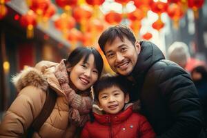 ai gegenereerd gelukkig Aziatisch familie vieren Chinese nieuw jaar buitenshuis foto