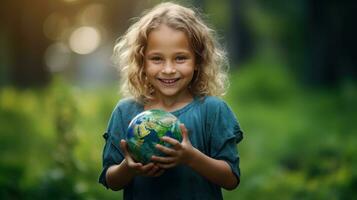 ai gegenereerd gelukkig meisje knuffelen planeet aarde. kind omarmen wereldbol aarde voor wereld bescherming, aarde dag, wereld milieu dag, opslaan th wereld. nul koolstof dioxide uitstoot foto