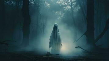 ai gegenereerd eng geest in de spookachtig oerwoud Bij donker nacht achtergrond foto