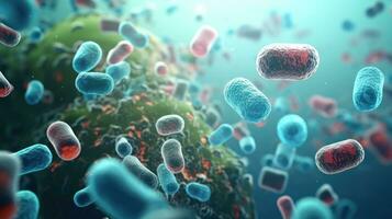 ai gegenereerd dichtbij omhoog van microscopisch bacterie illustratie. wetenschappelijk, darm bacteriën, bacterie in spijsvertering systeem foto