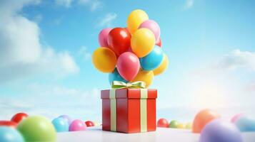 ai gegenereerd geschenk doos met kleurrijk ballonnen Aan bewolkt lucht achtergrondgeluid. verjaardag verjaardag, partij viering foto