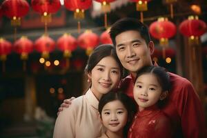 ai gegenereerd gelukkig Aziatisch familie vieren Chinese nieuw jaar buitenshuis foto