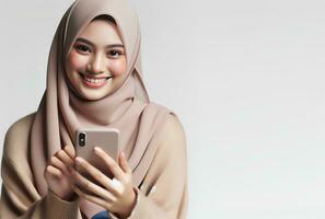 ai gegenereerd Aziatisch moslim vrouw in hijab met hand- Holding slim telefoon geïsoleerd wit achtergrond foto