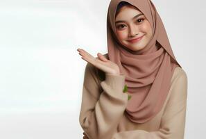 ai gegenereerd Aziatisch moslim vrouw in hijab met handen poseren geïsoleerd wit achtergrond foto