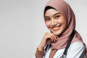 ai gegenereerd portret van een glimlachen vrouw dokter met stethoscoop geïsoleerd wit achtergrond foto