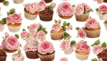 ai gegenereerd cupcakes en rozen zijn geregeld in een patroon foto