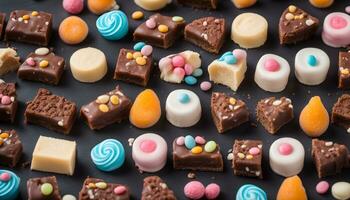 ai gegenereerd assortiment van chocola snoepjes Aan zwart achtergrond foto