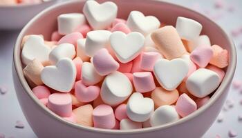 ai gegenereerd een kom gevulde met roze en wit marshmallows foto