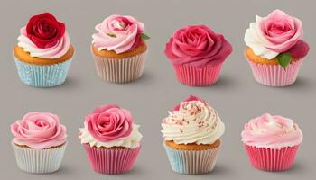 ai gegenereerd cupcakes met roze en rood rozen Aan een grijs achtergrond foto